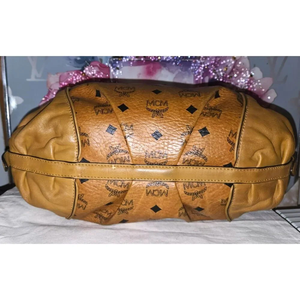 Authentic MCM Cognac Visetos Heritage Pleated Two-Way Satchel Bag (R6732)